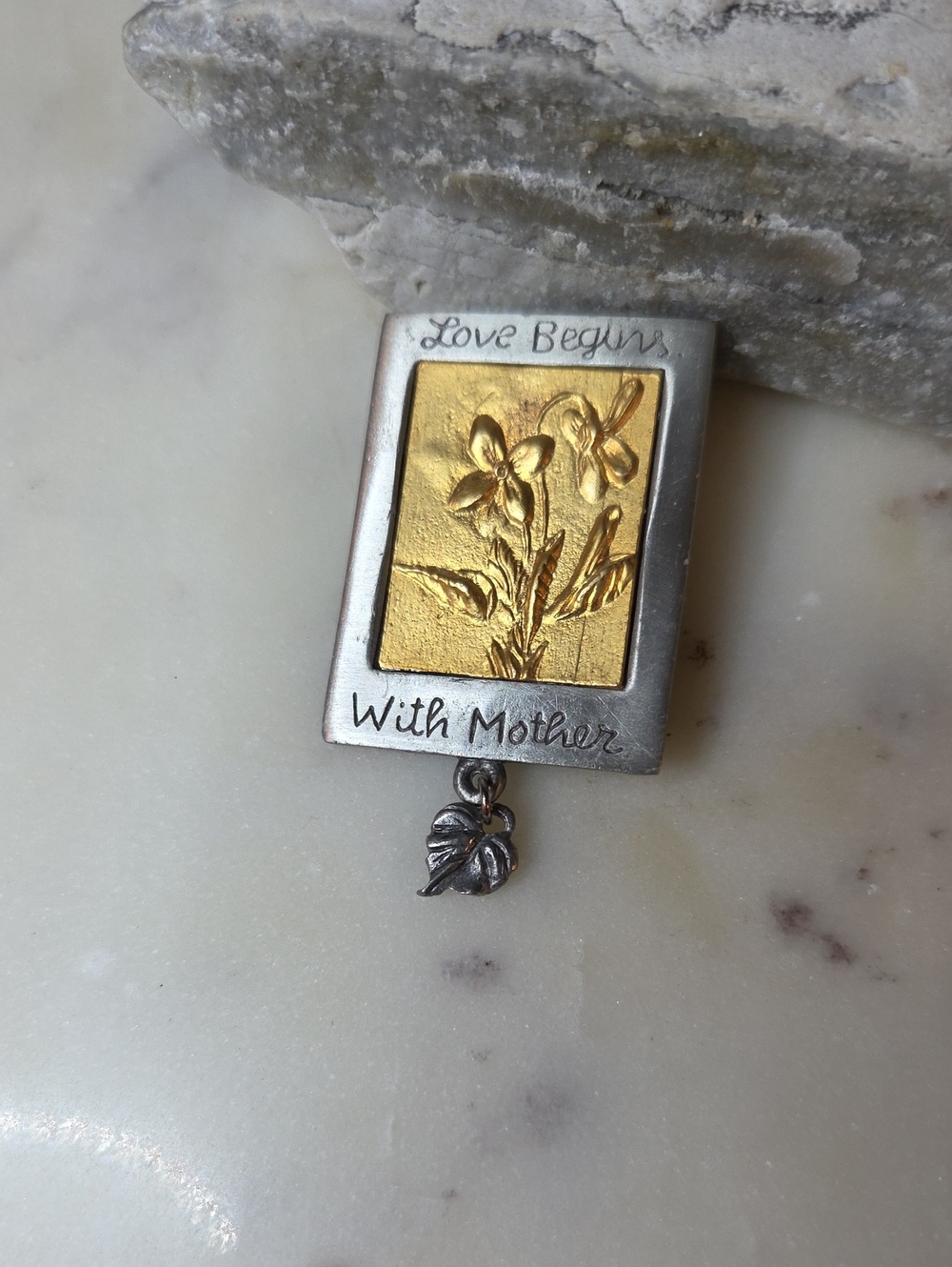 Gold & Pewter Floral Lapel / Scarf Pin - 'Love Begins With Mother'